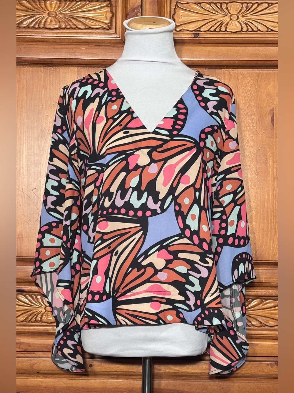 CROSBY by Mollie Burch V-Neck Tunic in Black with Multi-Color Butterfly Print
